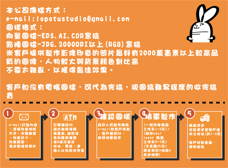 本公司傳檔方式：e-mail:lopotustudio@gmail.com
圖樣格式：
向量圖檔-EPS.AI.CDR黑稿,點陣圖檔-JPG.2000DPI以上(RGB)黑稿,客戶提供製作影像印章的照片最好有2000萬畫素以上較高品質的圖像，人物較大與背景顏色對比高,不要太雜亂，以獲得最佳效果。客戶如沒有電腦圖檔，可代為完稿，視圖稿難易程度酌收完稿費